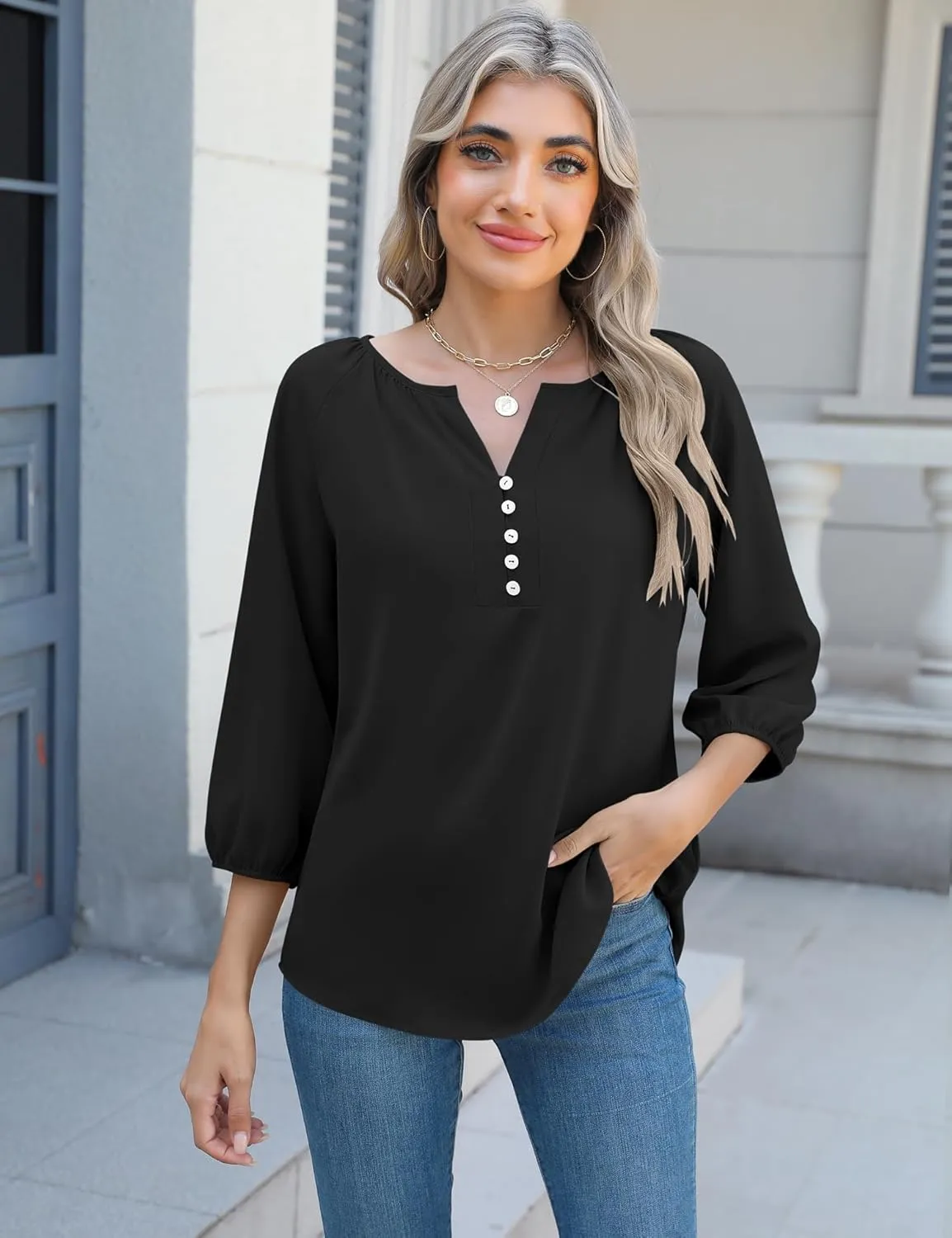 Micoson Womens 3/4 Sleeve Tops Dressy Casual V Neck Chiffon Work Blouses Loose Fit Business Button Down Shirts