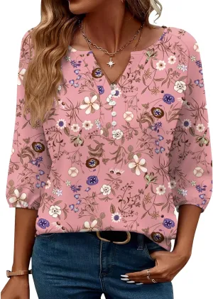 Micoson Womens 3/4 Sleeve Tops Dressy Casual V Neck Chiffon Work Blouses Loose Fit Business Button Down Shirts