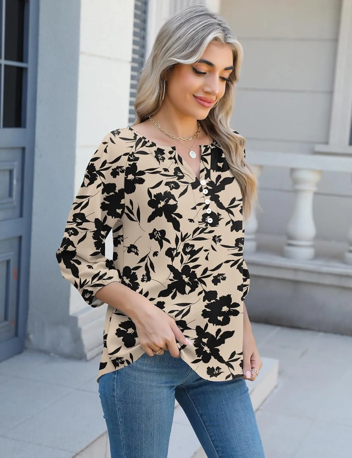 Micoson Womens 3/4 Sleeve Tops Dressy Casual V Neck Chiffon Work Blouses Loose Fit Business Button Down Shirts