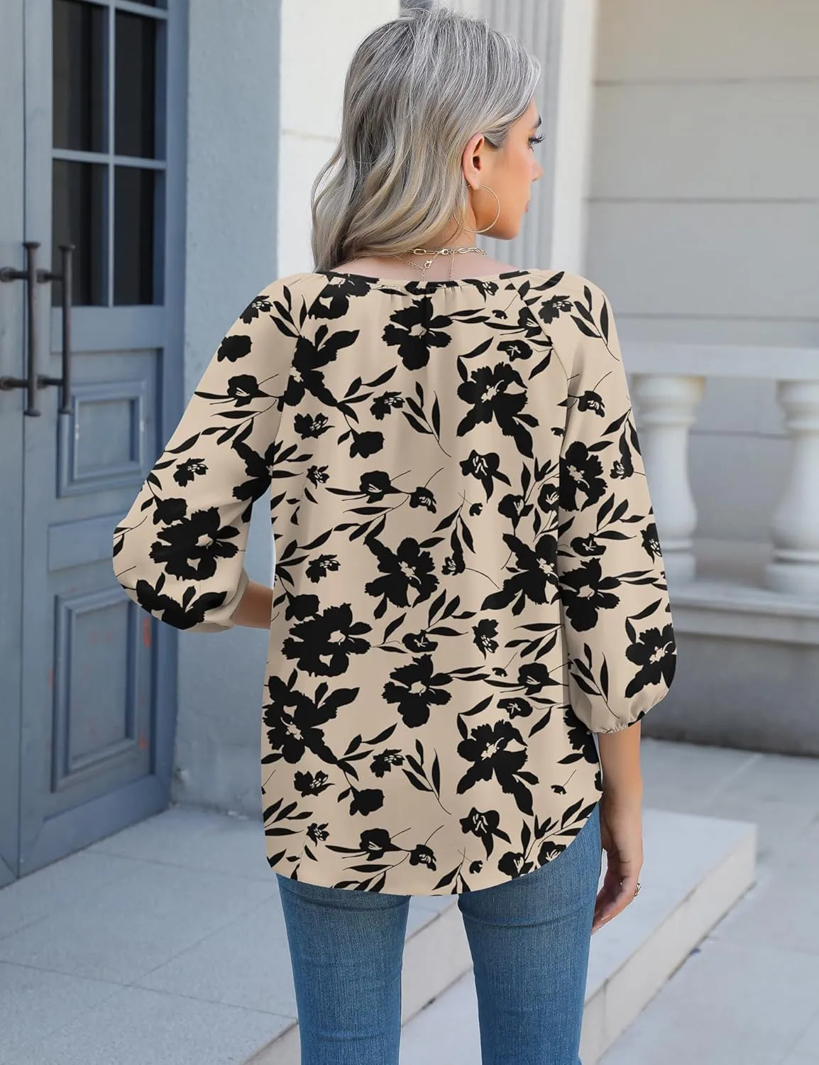 Micoson Womens 3/4 Sleeve Tops Dressy Casual V Neck Chiffon Work Blouses Loose Fit Business Button Down Shirts