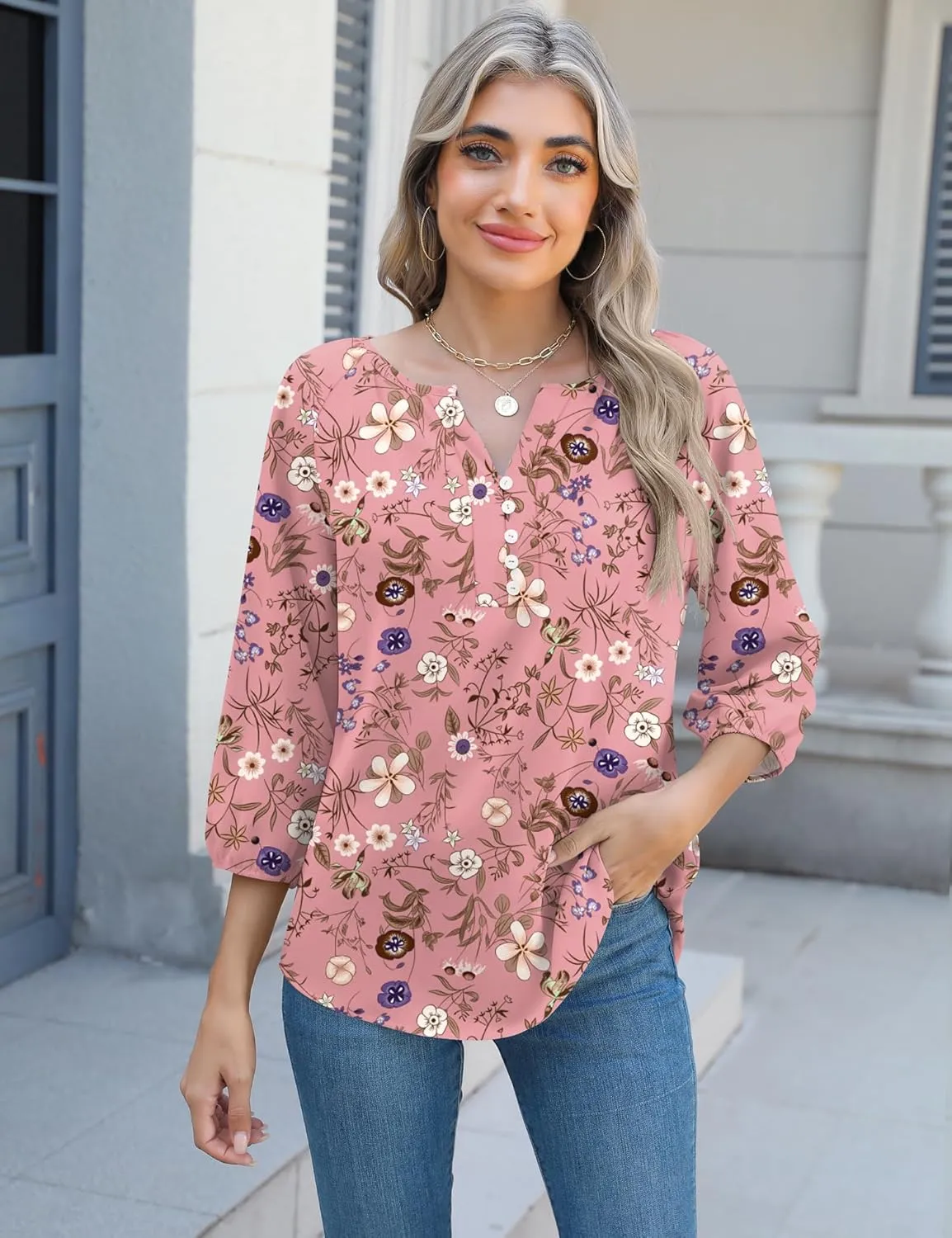 Micoson Womens 3/4 Sleeve Tops Dressy Casual V Neck Chiffon Work Blouses Loose Fit Business Button Down Shirts