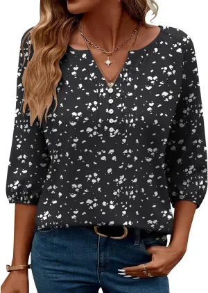 Micoson Womens 3/4 Sleeve Tops Dressy Casual V Neck Chiffon Work Blouses Loose Fit Business Button Down Shirts