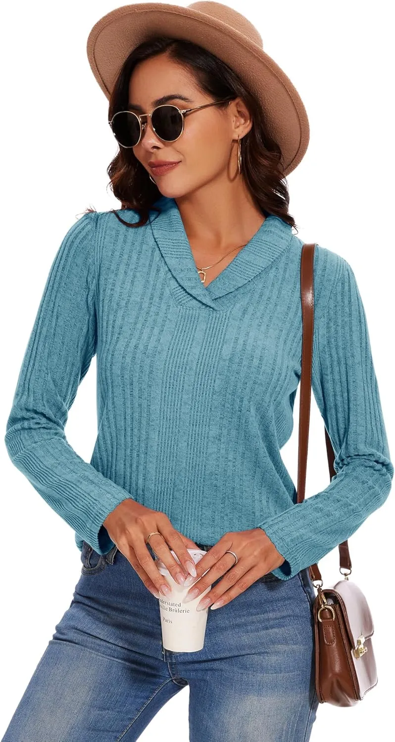 Micoson Womens Long Sleeve Tops V Neck Casual Shirts Lapel Blouses Dressy Business Fall Knit Thin Pullover Tunic Tops