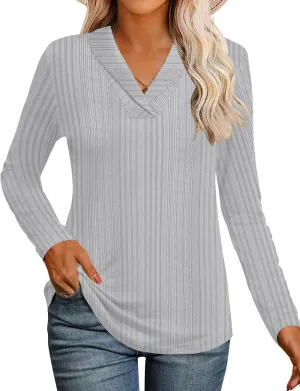 Micoson Womens Long Sleeve Tops V Neck Casual Shirts Lapel Blouses Dressy Business Fall Knit Thin Pullover Tunic Tops