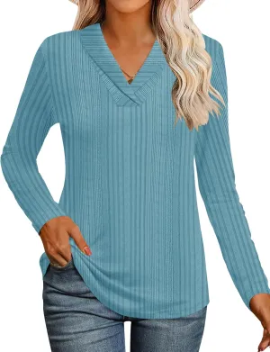 Micoson Womens Long Sleeve Tops V Neck Casual Shirts Lapel Blouses Dressy Business Fall Knit Thin Pullover Tunic Tops