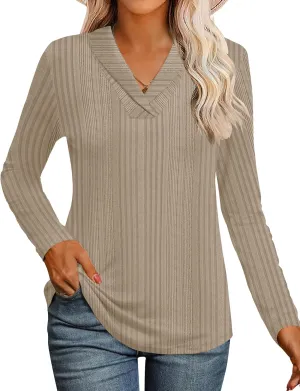 Micoson Womens Long Sleeve Tops V Neck Casual Shirts Lapel Blouses Dressy Business Fall Knit Thin Pullover Tunic Tops