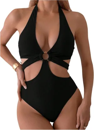 Milumia Women's Cut Out Ring Linked One Piece Bathing Suit Halter Neck Monokini Swimsuit