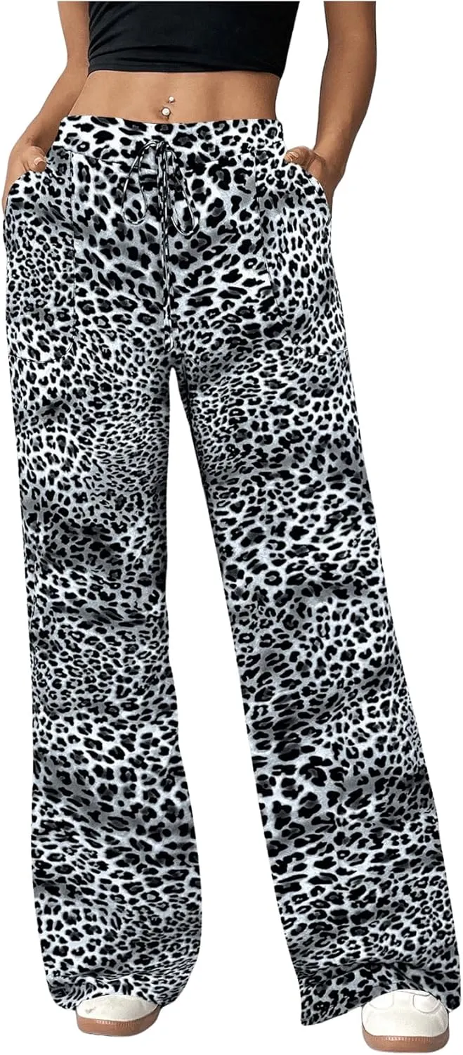 Milumia Women's Leopard Print Wide Leg Pants High Waist Drawstring Straight Leg Trousers