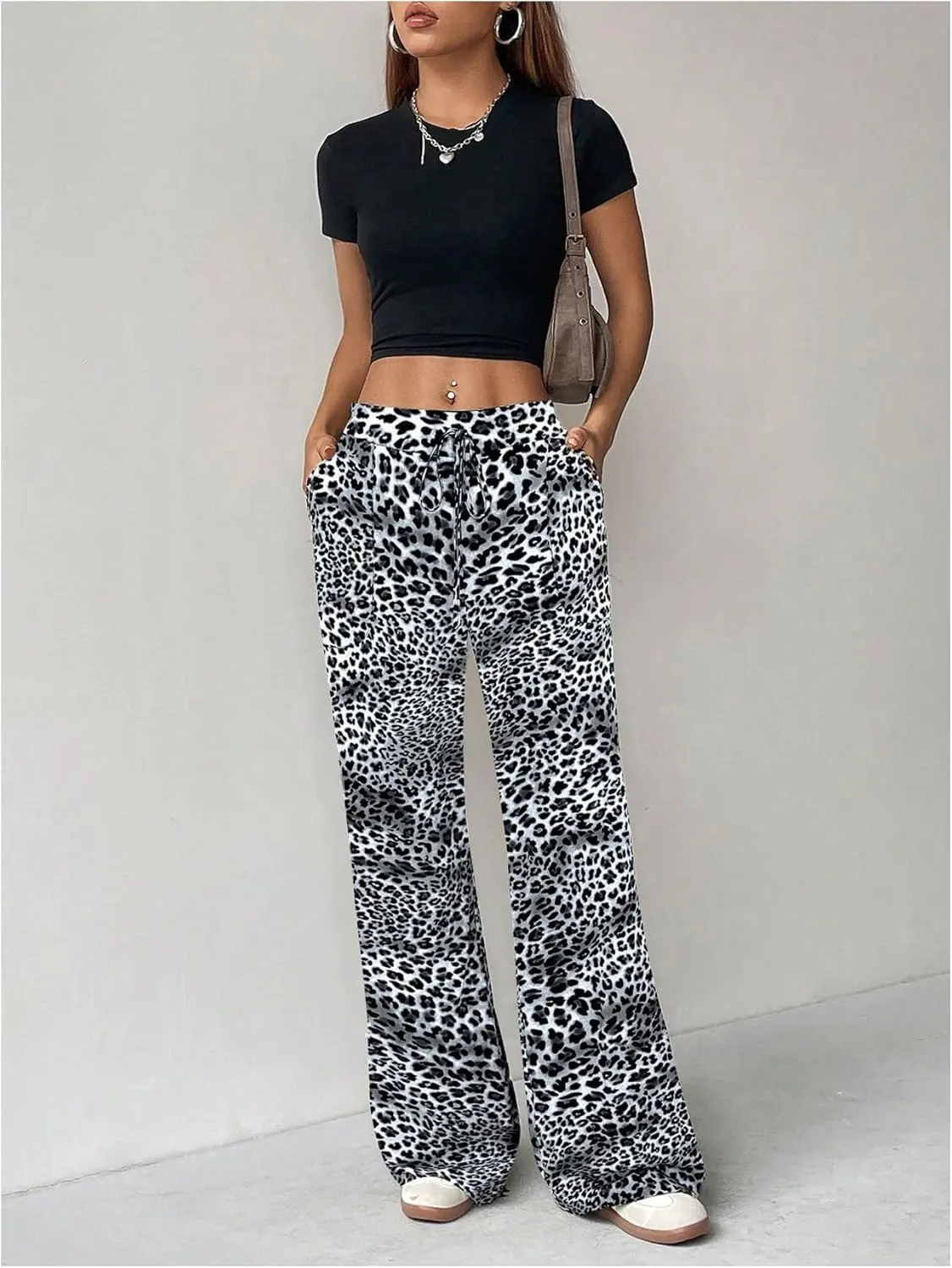 Milumia Women's Leopard Print Wide Leg Pants High Waist Drawstring Straight Leg Trousers