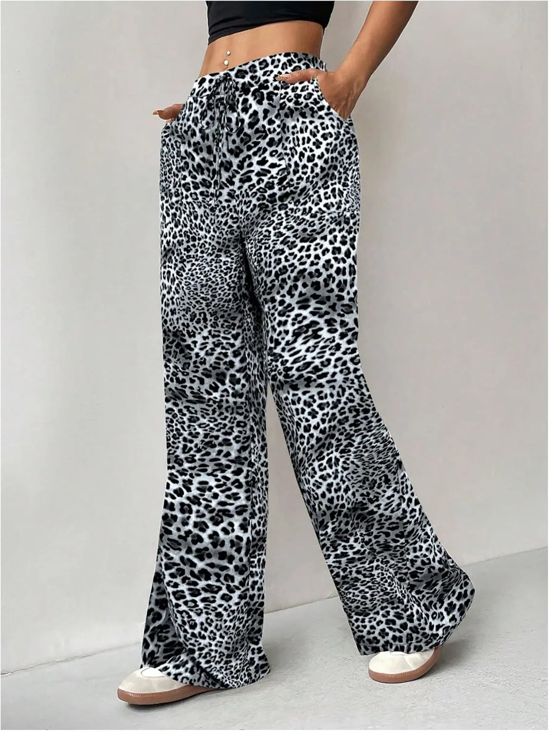 Milumia Women's Leopard Print Wide Leg Pants High Waist Drawstring Straight Leg Trousers