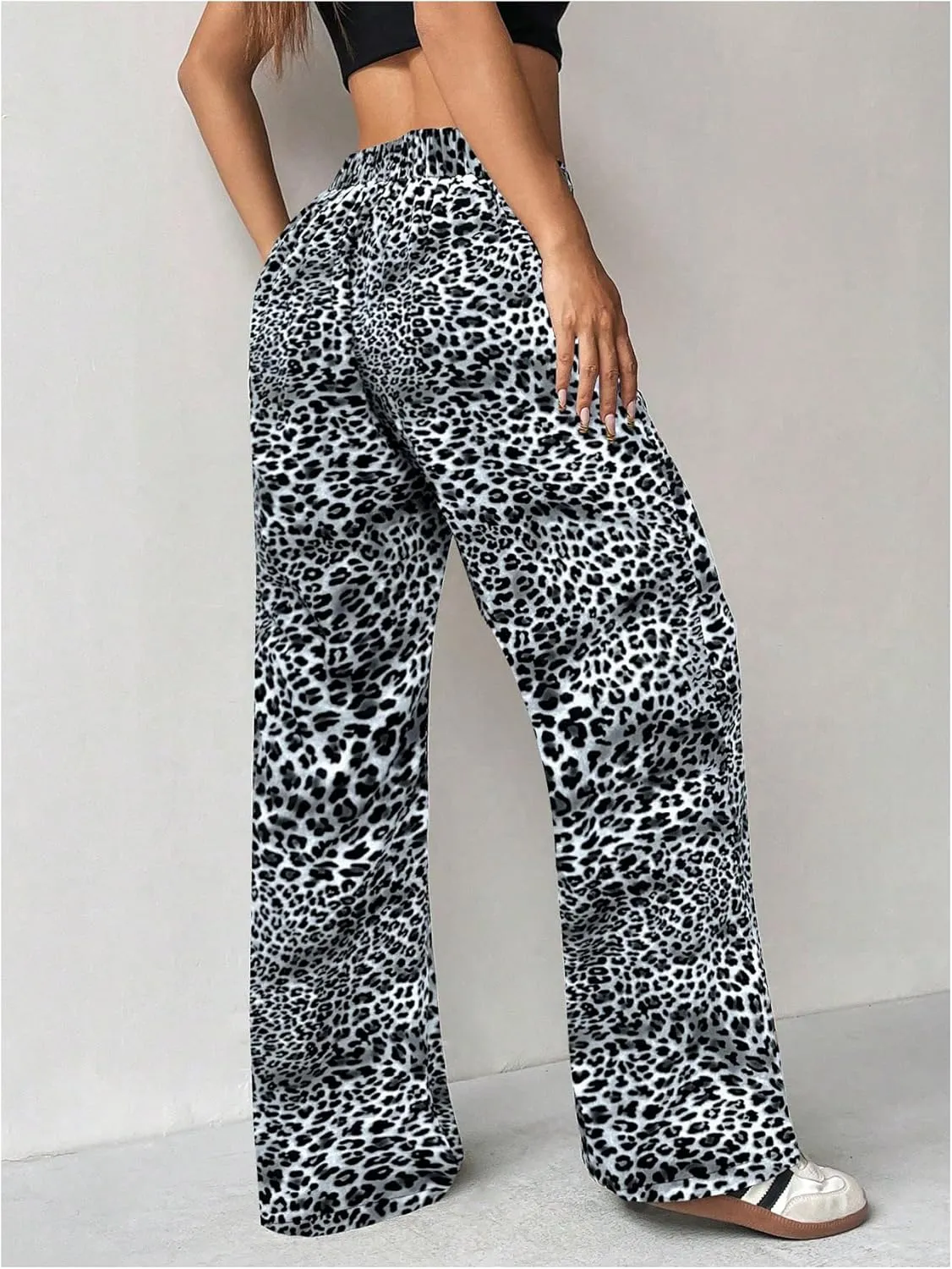 Milumia Women's Leopard Print Wide Leg Pants High Waist Drawstring Straight Leg Trousers