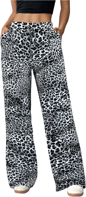 Milumia Women's Leopard Print Wide Leg Pants High Waist Drawstring Straight Leg Trousers