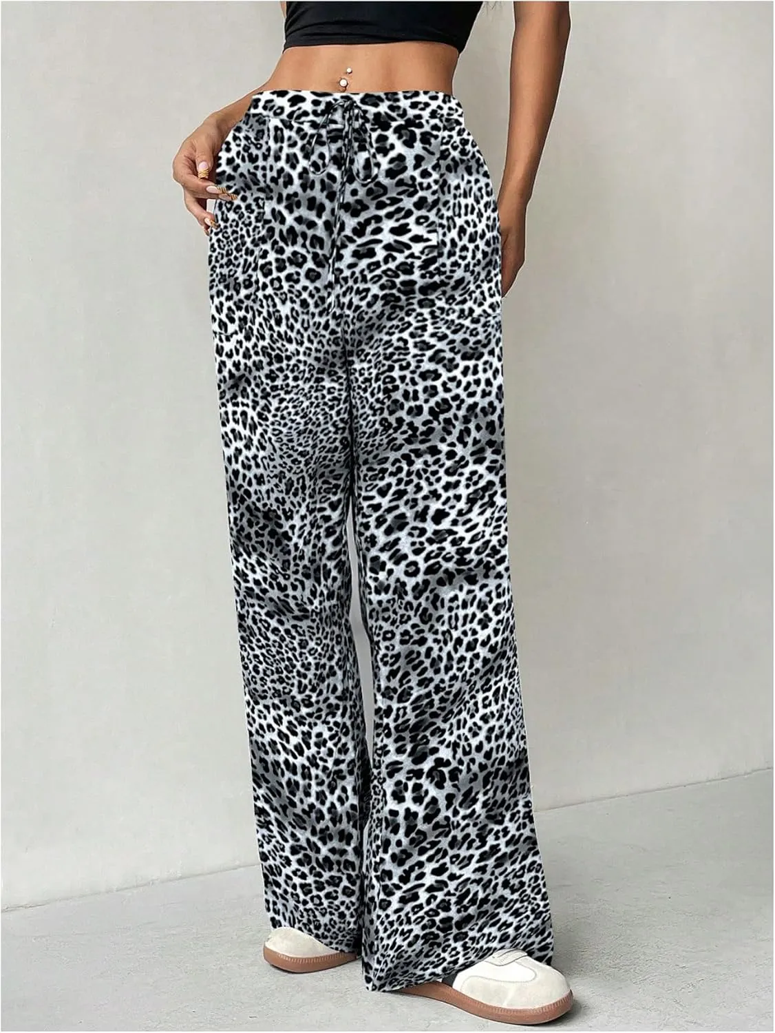 Milumia Women's Leopard Print Wide Leg Pants High Waist Drawstring Straight Leg Trousers