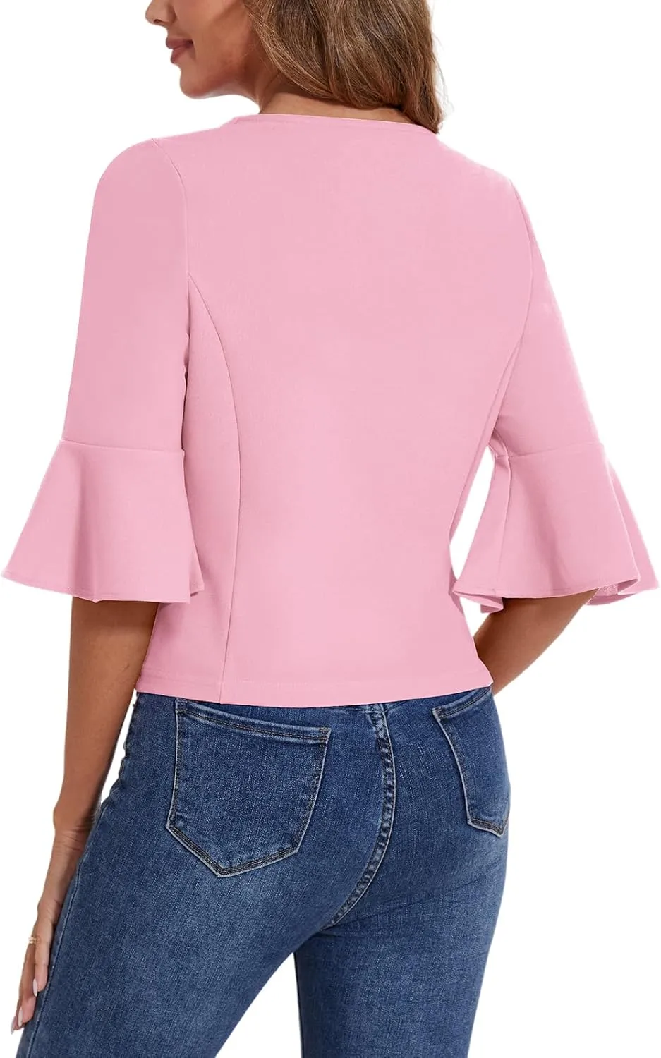 MINTLIMIT Cropped Blazer for Women Casual Elegant Open Front Blazer Flared 3/4 Sleeve Tailored Cardigan Suit Jacket