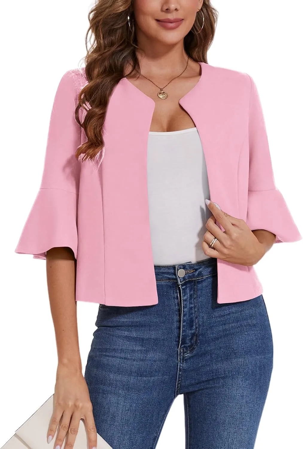 MINTLIMIT Cropped Blazer for Women Casual Elegant Open Front Blazer Flared 3/4 Sleeve Tailored Cardigan Suit Jacket
