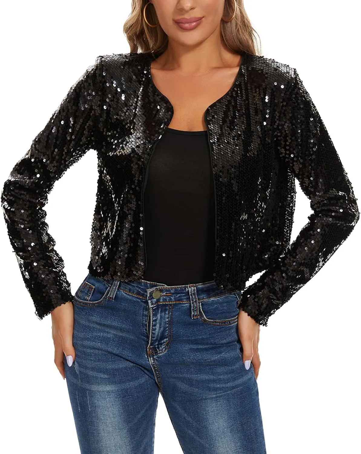 MINTLIMIT Women's Sequin Jacket Long Sleeve Open Front Sparkly Shrugs Glitter Cropped Bolero Cardigans