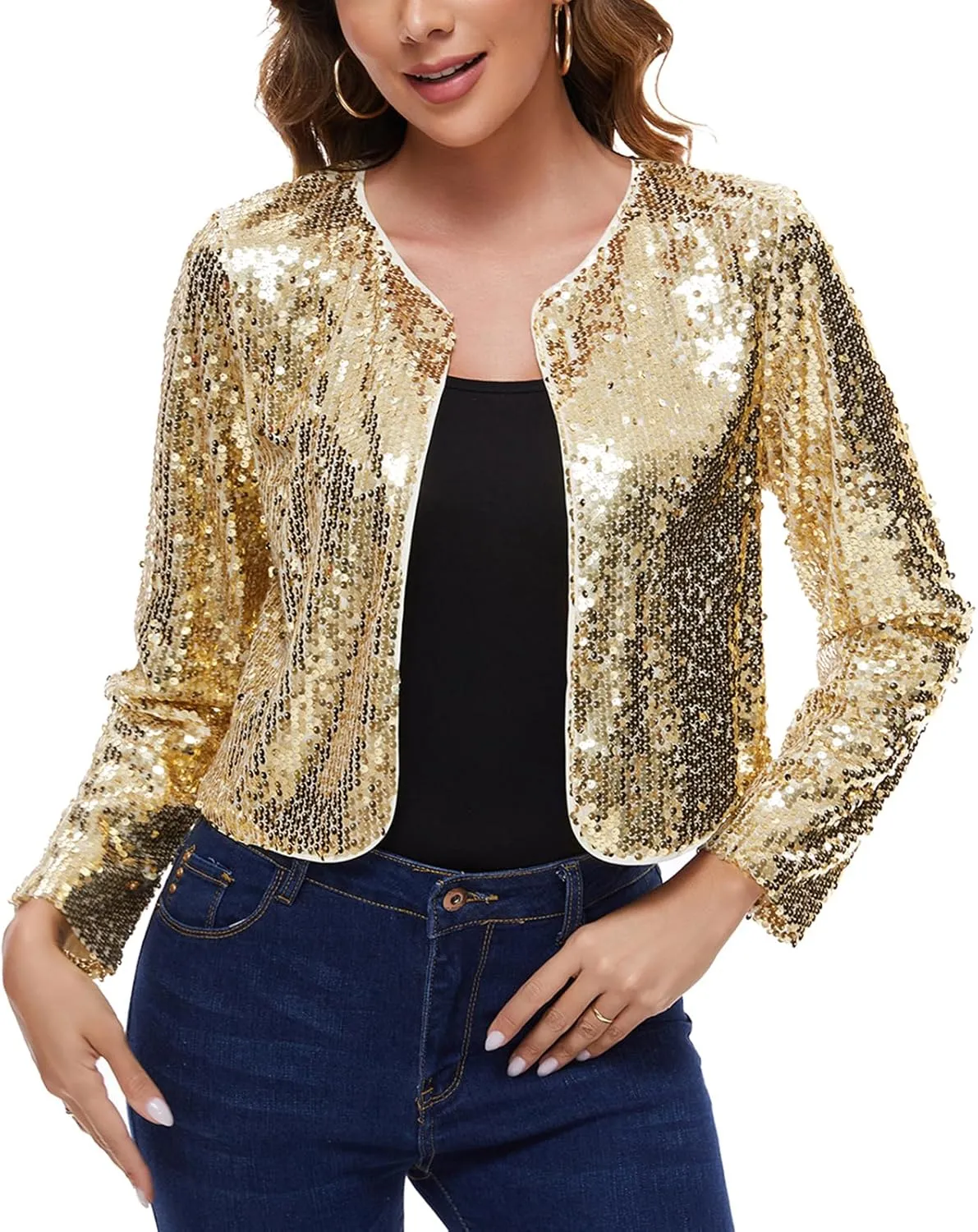 MINTLIMIT Women's Sequin Jacket Long Sleeve Open Front Sparkly Shrugs Glitter Cropped Bolero Cardigans