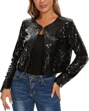 MINTLIMIT Women's Sequin Jacket Long Sleeve Open Front Sparkly Shrugs Glitter Cropped Bolero Cardigans