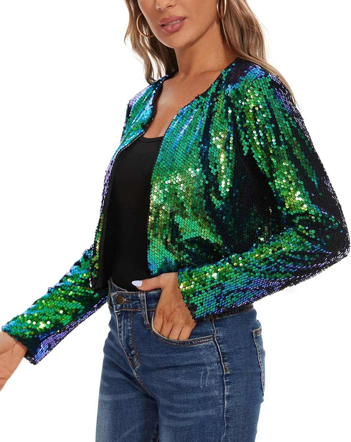 MINTLIMIT Women's Sequin Jacket Long Sleeve Open Front Sparkly Shrugs Glitter Cropped Bolero Cardigans
