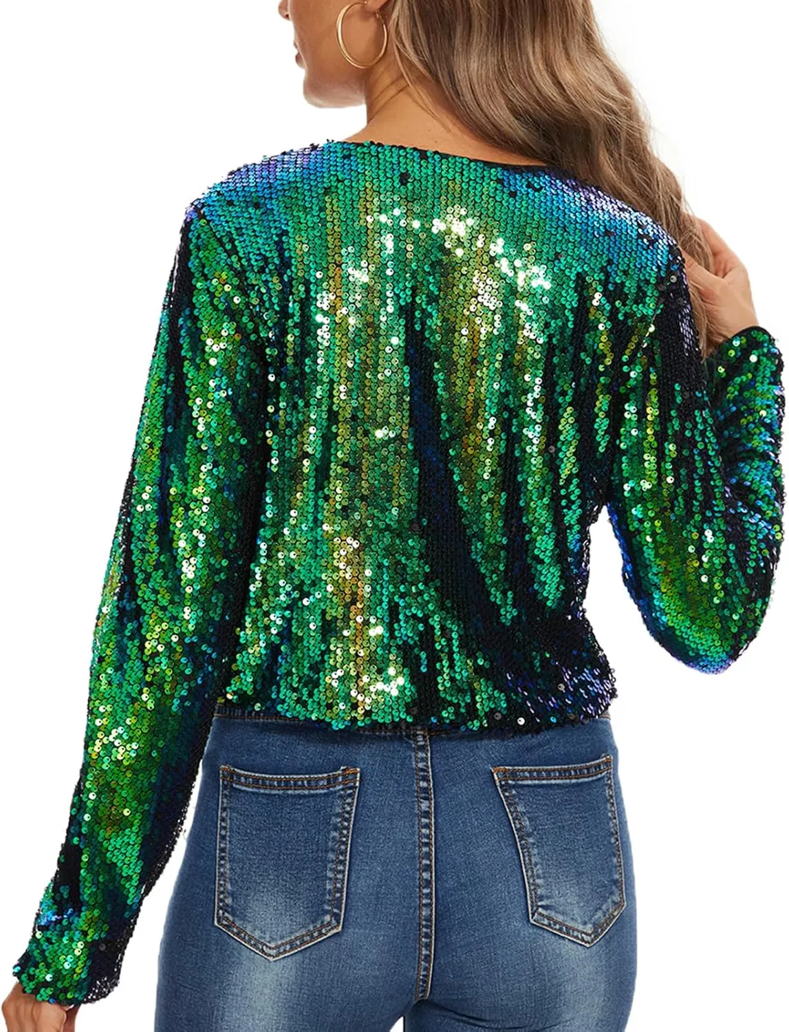 MINTLIMIT Women's Sequin Jacket Long Sleeve Open Front Sparkly Shrugs Glitter Cropped Bolero Cardigans