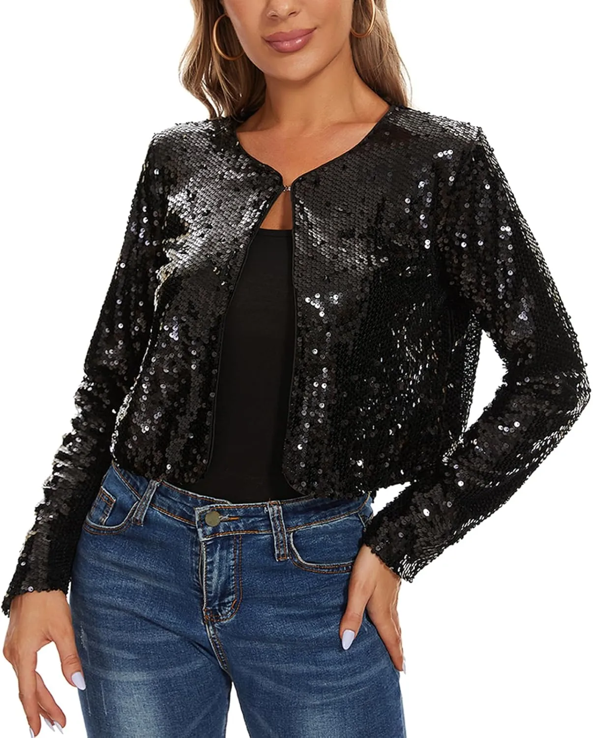 MINTLIMIT Women's Sequin Jacket Long Sleeve Open Front Sparkly Shrugs Glitter Cropped Bolero Cardigans