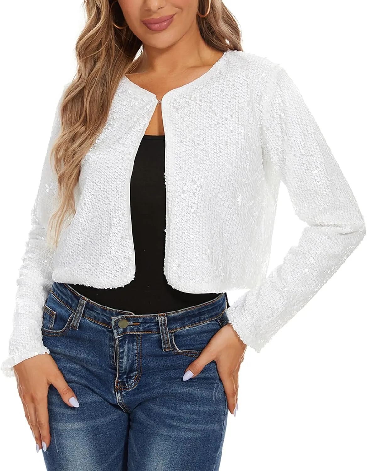 MINTLIMIT Women's Sequin Jacket Long Sleeve Open Front Sparkly Shrugs Glitter Cropped Bolero Cardigans