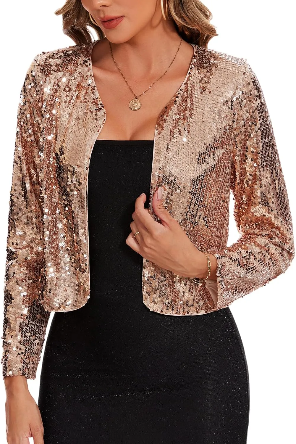 MINTLIMIT Women's Sequin Jacket Long Sleeve Open Front Sparkly Shrugs Glitter Cropped Bolero Cardigans