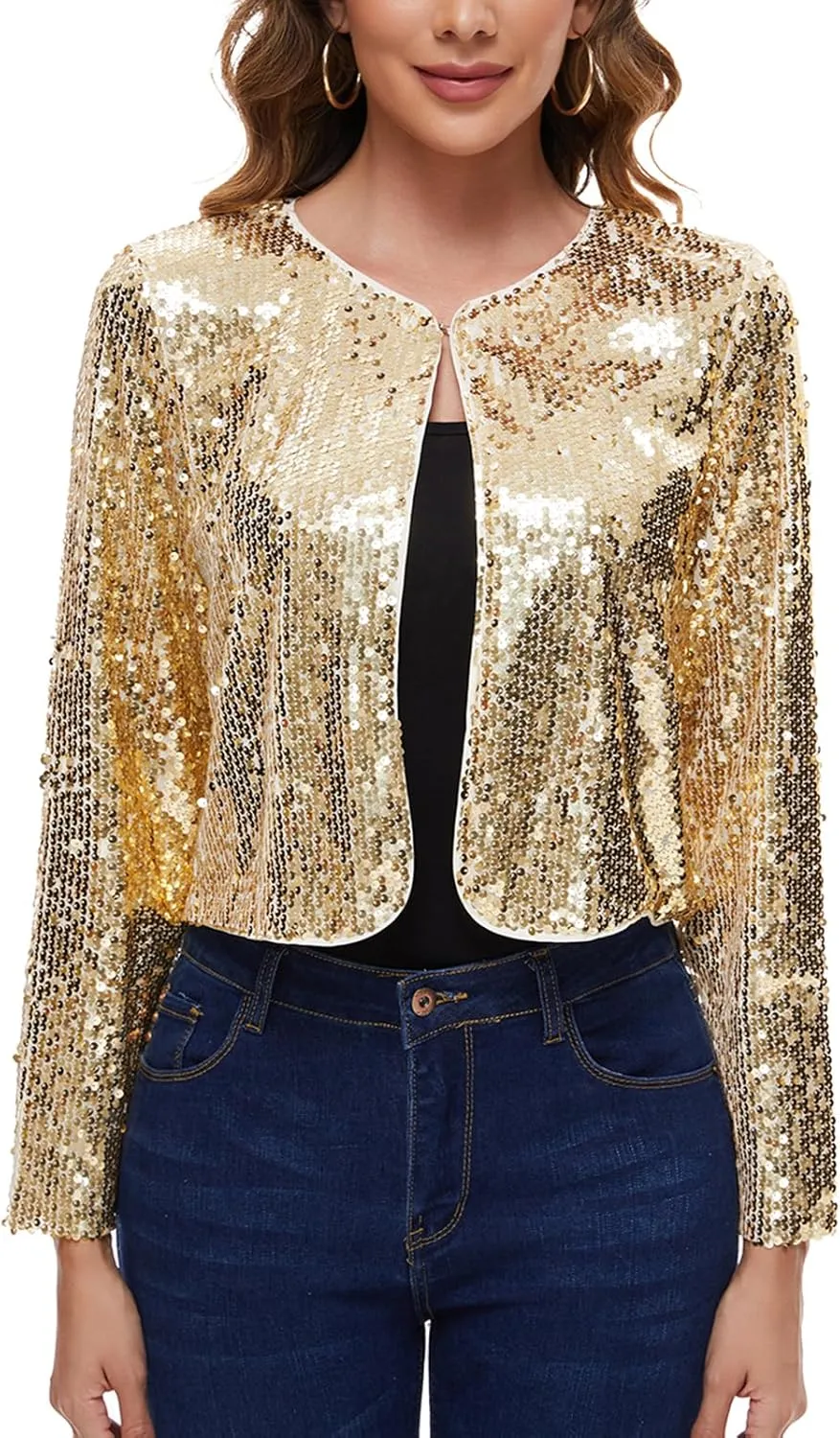 MINTLIMIT Women's Sequin Jacket Long Sleeve Open Front Sparkly Shrugs Glitter Cropped Bolero Cardigans