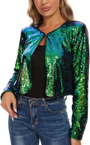 MINTLIMIT Women's Sequin Jacket Long Sleeve Open Front Sparkly Shrugs Glitter Cropped Bolero Cardigans
