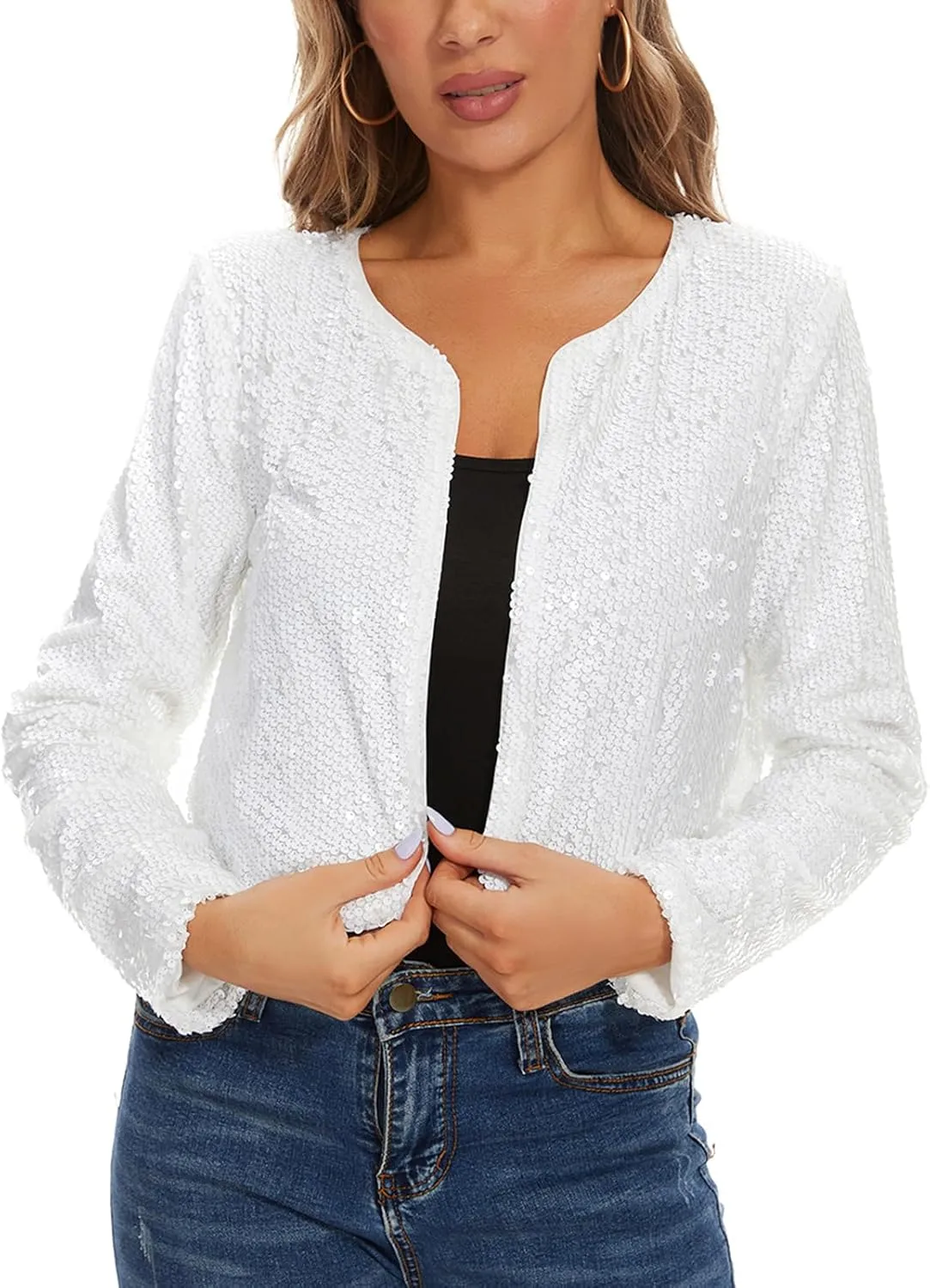 MINTLIMIT Women's Sequin Jacket Long Sleeve Open Front Sparkly Shrugs Glitter Cropped Bolero Cardigans