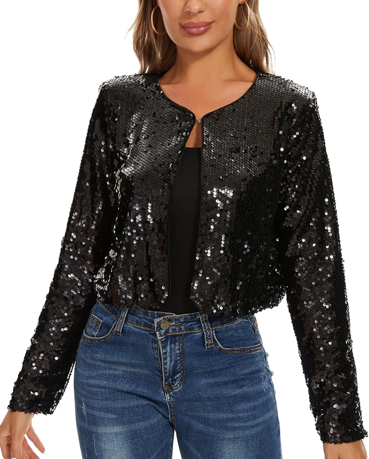 MINTLIMIT Women's Sequin Jacket Long Sleeve Open Front Sparkly Shrugs Glitter Cropped Bolero Cardigans