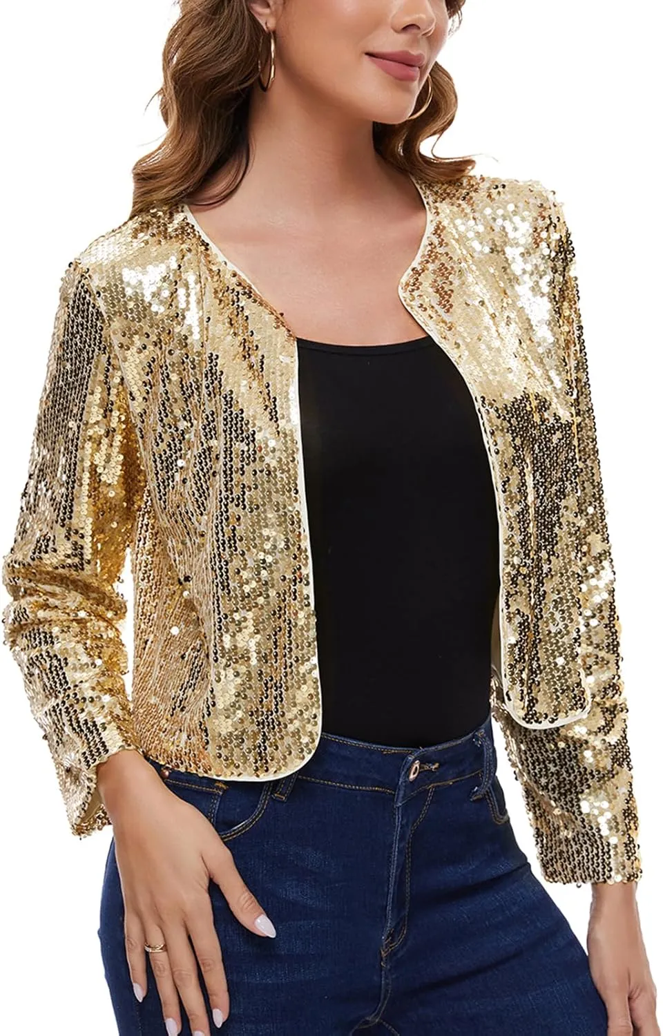 MINTLIMIT Women's Sequin Jacket Long Sleeve Open Front Sparkly Shrugs Glitter Cropped Bolero Cardigans