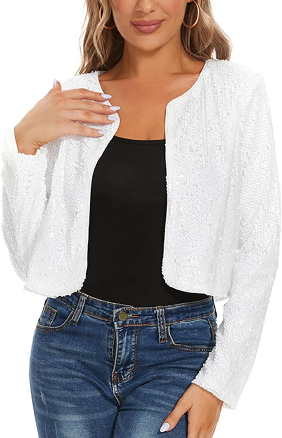 MINTLIMIT Women's Sequin Jacket Long Sleeve Open Front Sparkly Shrugs Glitter Cropped Bolero Cardigans