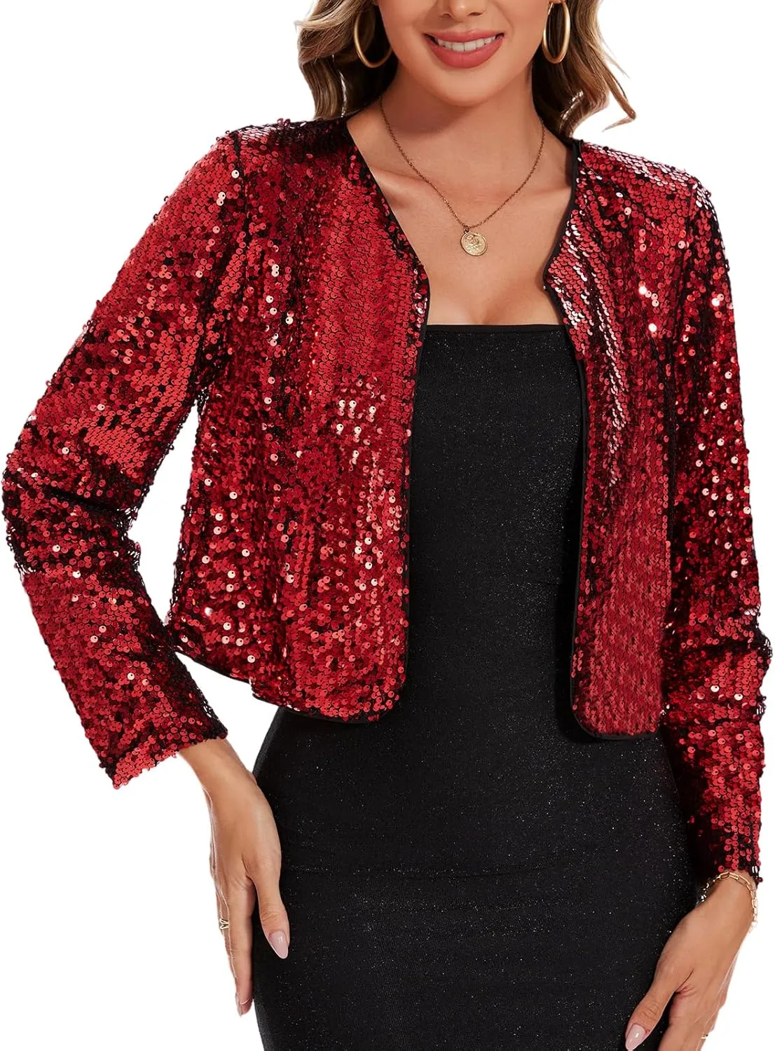 MINTLIMIT Women's Sequin Jacket Long Sleeve Open Front Sparkly Shrugs Glitter Cropped Bolero Cardigans