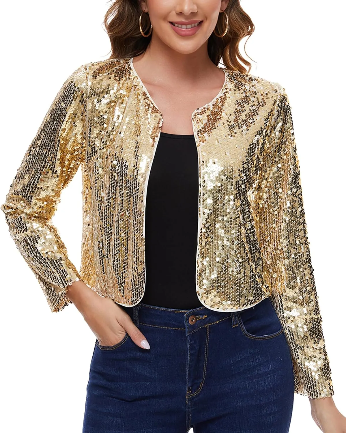 MINTLIMIT Women's Sequin Jacket Long Sleeve Open Front Sparkly Shrugs Glitter Cropped Bolero Cardigans