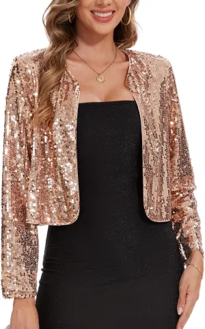 MINTLIMIT Women's Sequin Jacket Long Sleeve Open Front Sparkly Shrugs Glitter Cropped Bolero Cardigans