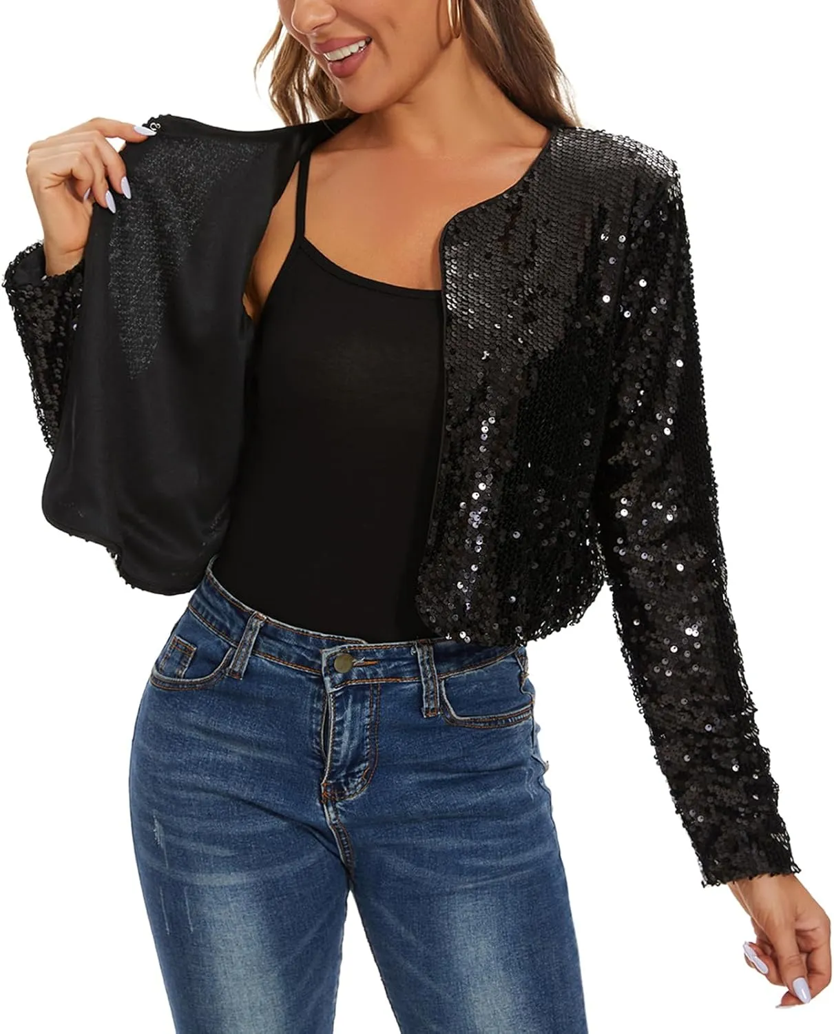 MINTLIMIT Women's Sequin Jacket Long Sleeve Open Front Sparkly Shrugs Glitter Cropped Bolero Cardigans
