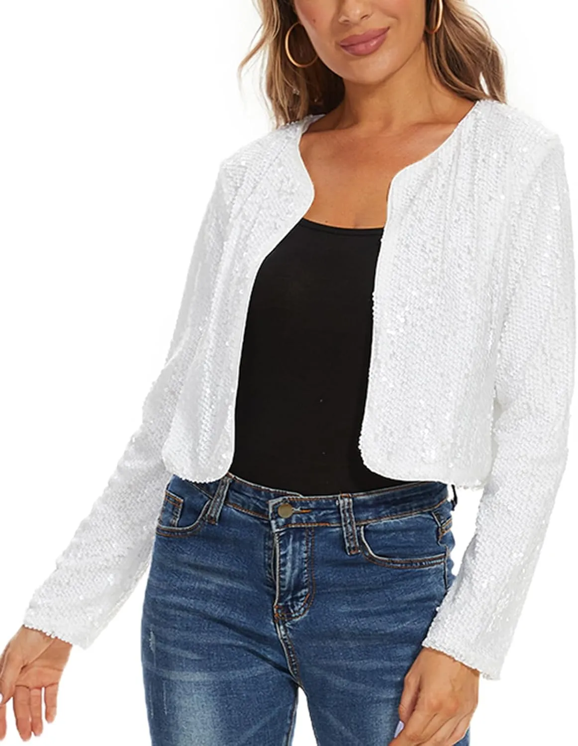MINTLIMIT Women's Sequin Jacket Long Sleeve Open Front Sparkly Shrugs Glitter Cropped Bolero Cardigans