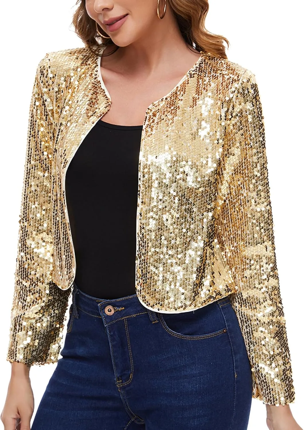MINTLIMIT Women's Sequin Jacket Long Sleeve Open Front Sparkly Shrugs Glitter Cropped Bolero Cardigans