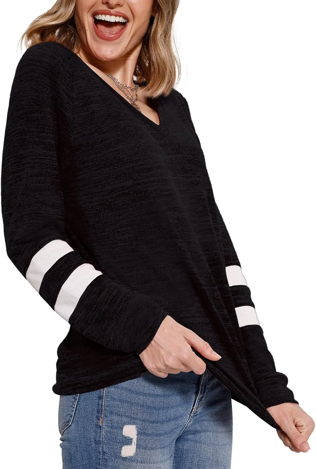 MixShe Womens Tops Fall Fashion Sweatshirt for Women Sweaters V Neck Long Sleeve Shirts Trendy Clothes