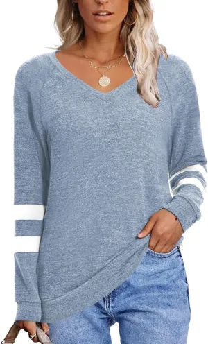 MixShe Womens Tops Fall Fashion Sweatshirt for Women Sweaters V Neck Long Sleeve Shirts Trendy Clothes