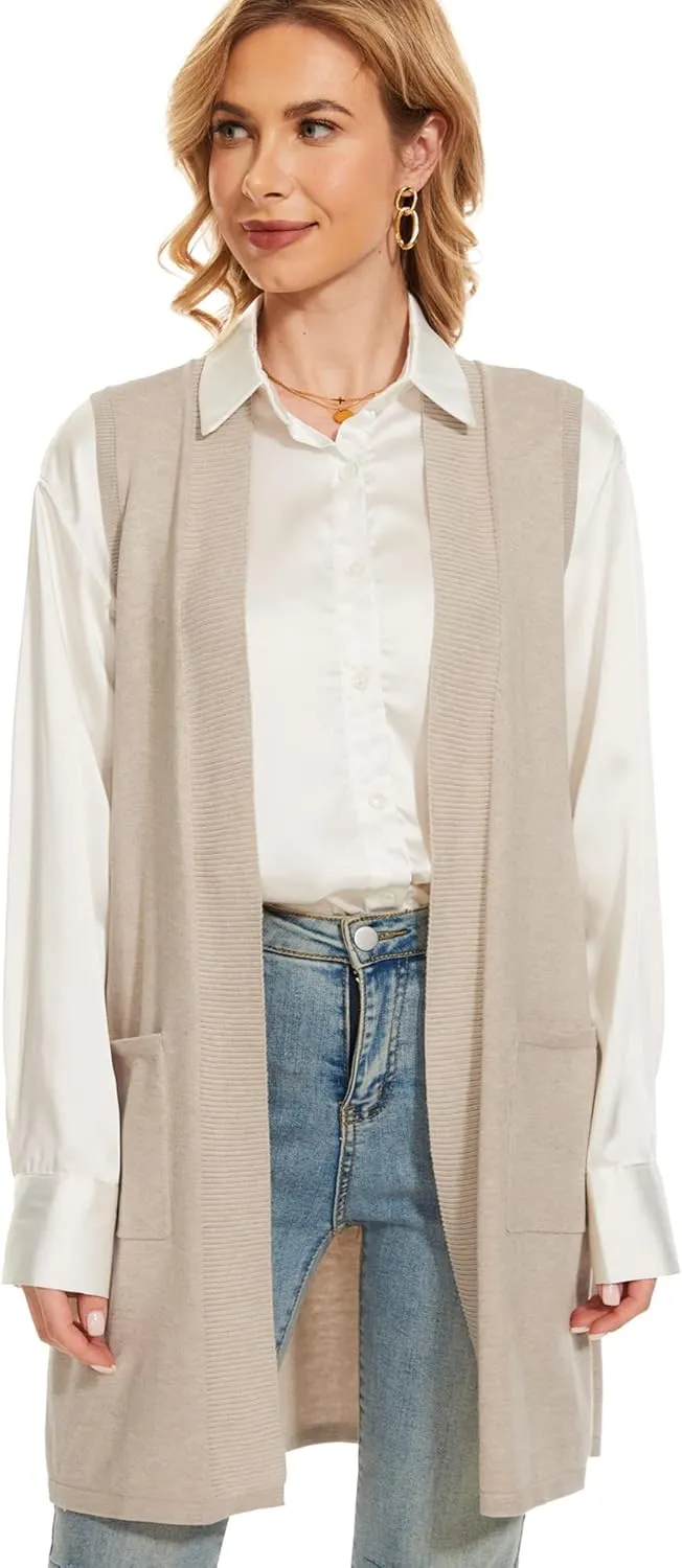 Moss Rose Long Vest for Women Sleeveless Lightweight Open Front Cardigans Ribbed Knit Outwear with Pockets
