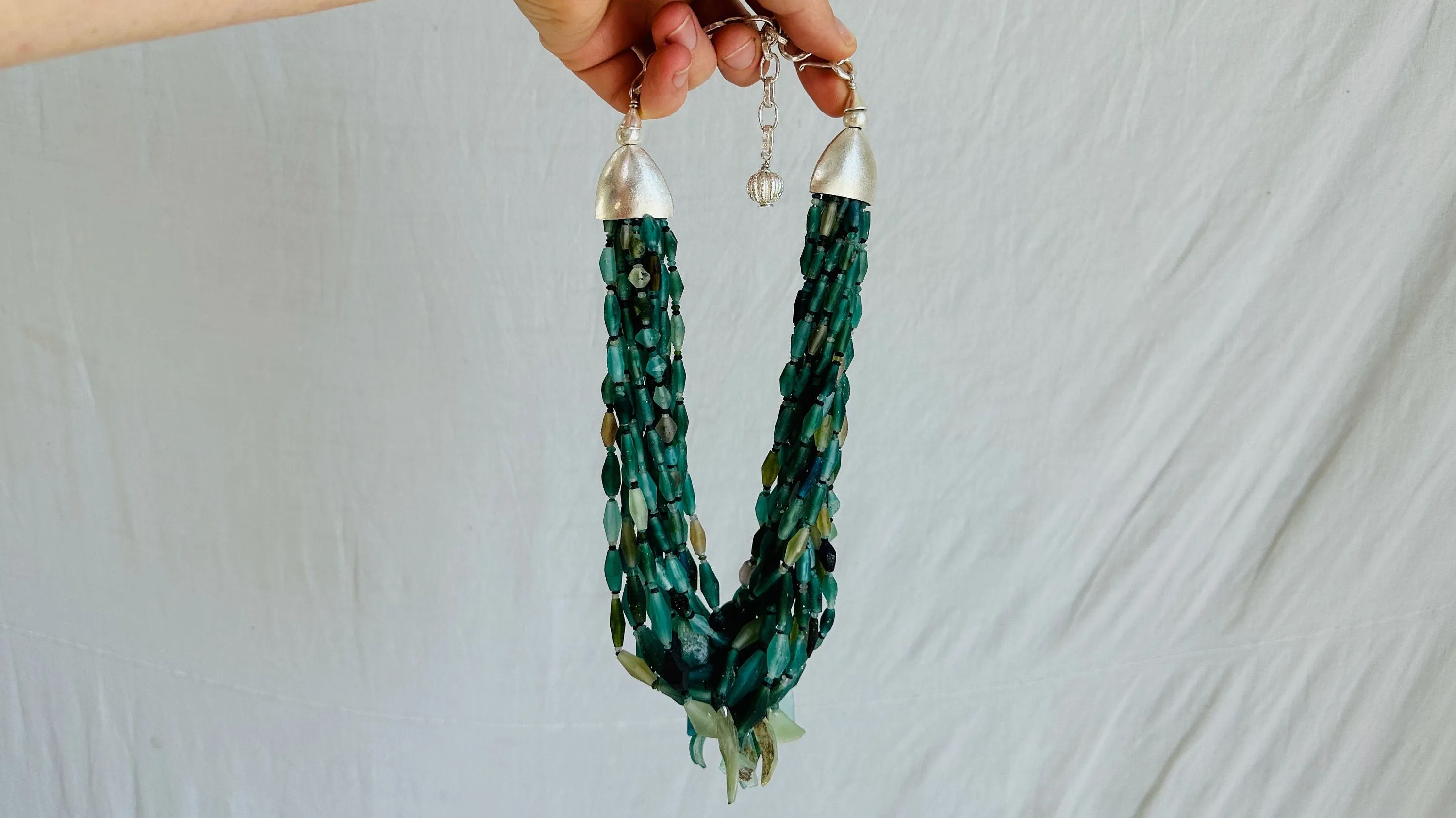 Multi-Strand Roman Glass Necklace. Sterling Silver. Stunning! 2491