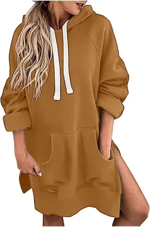 oiangi Hoodies for Women Pullover Fall Winter Trendy Oversized Long Sleeve Drawstring Side Slit Hem Sweatshirt Dress Pockets