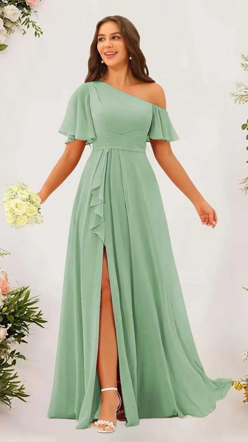 One Shoulder Bridesmaid Dresses for Women with Pockets Short Sleeve Ruffled Chiffon Formal Evening Gowns