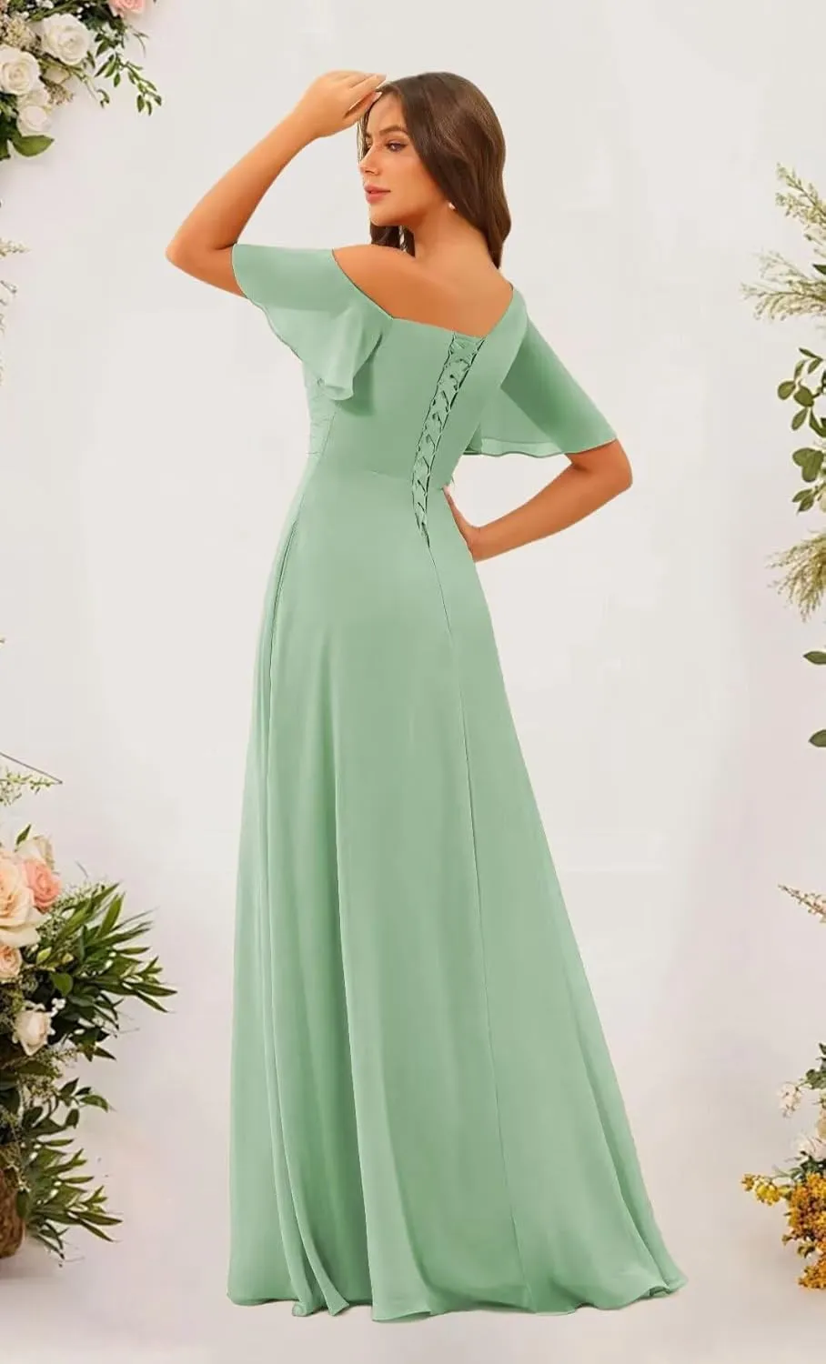 One Shoulder Bridesmaid Dresses for Women with Pockets Short Sleeve Ruffled Chiffon Formal Evening Gowns