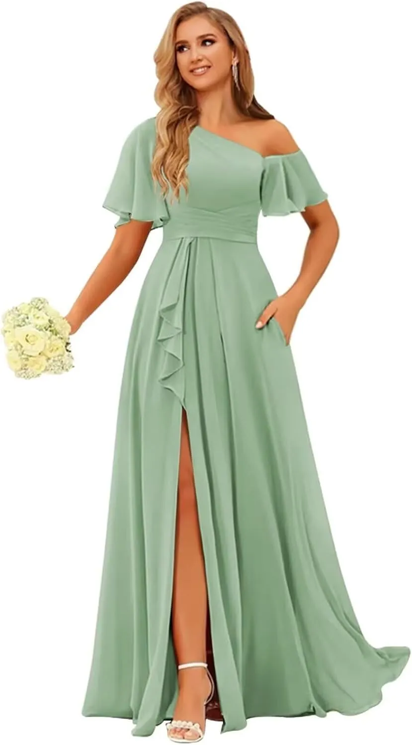 One Shoulder Bridesmaid Dresses for Women with Pockets Short Sleeve Ruffled Chiffon Formal Evening Gowns