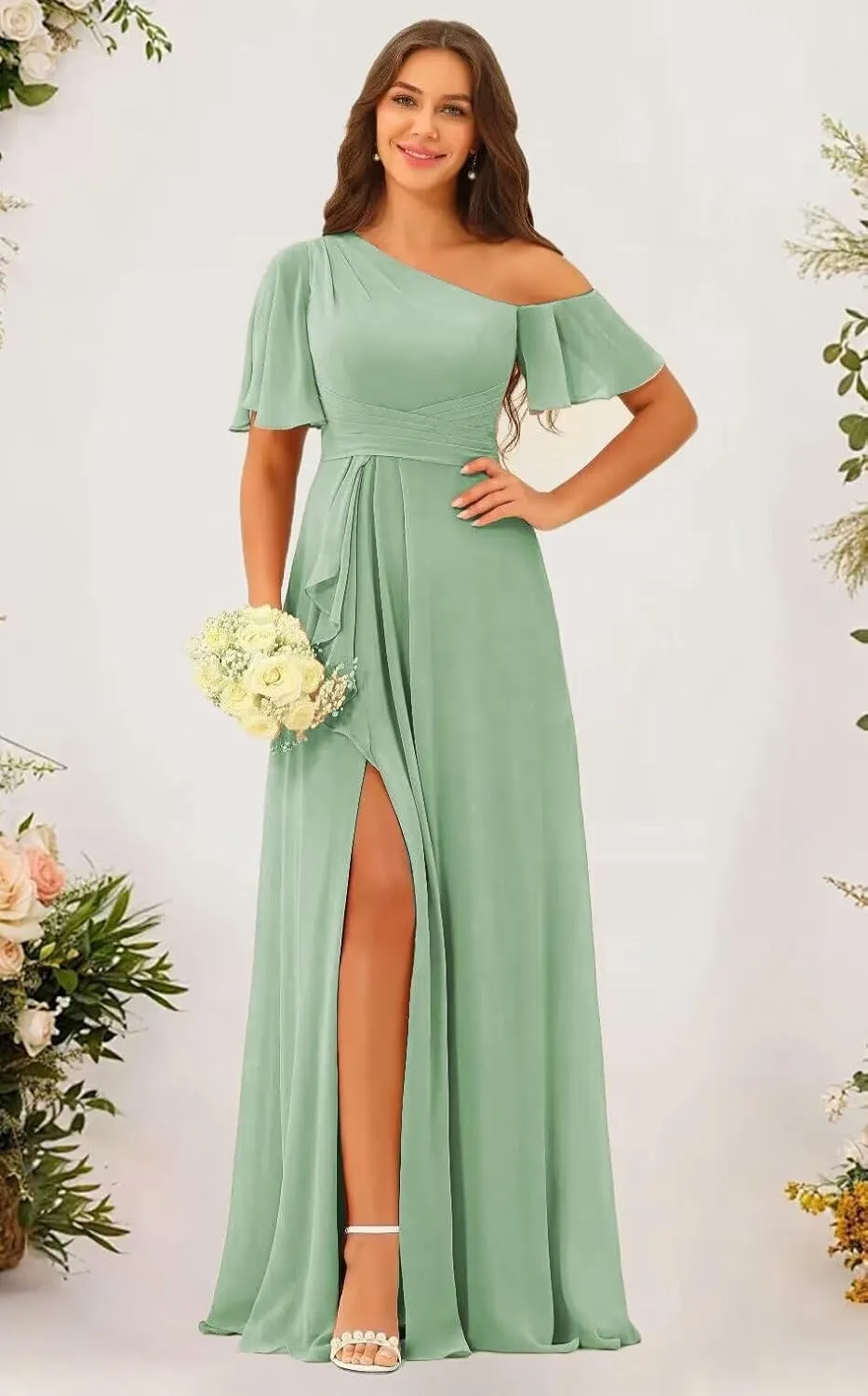 One Shoulder Bridesmaid Dresses for Women with Pockets Short Sleeve Ruffled Chiffon Formal Evening Gowns