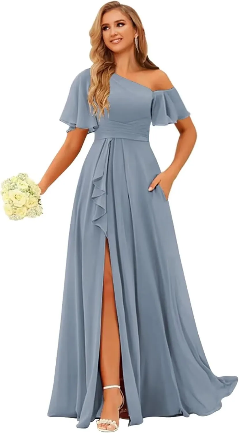 One Shoulder Bridesmaid Dresses for Women with Pockets Short Sleeve Ruffled Chiffon Formal Evening Gowns