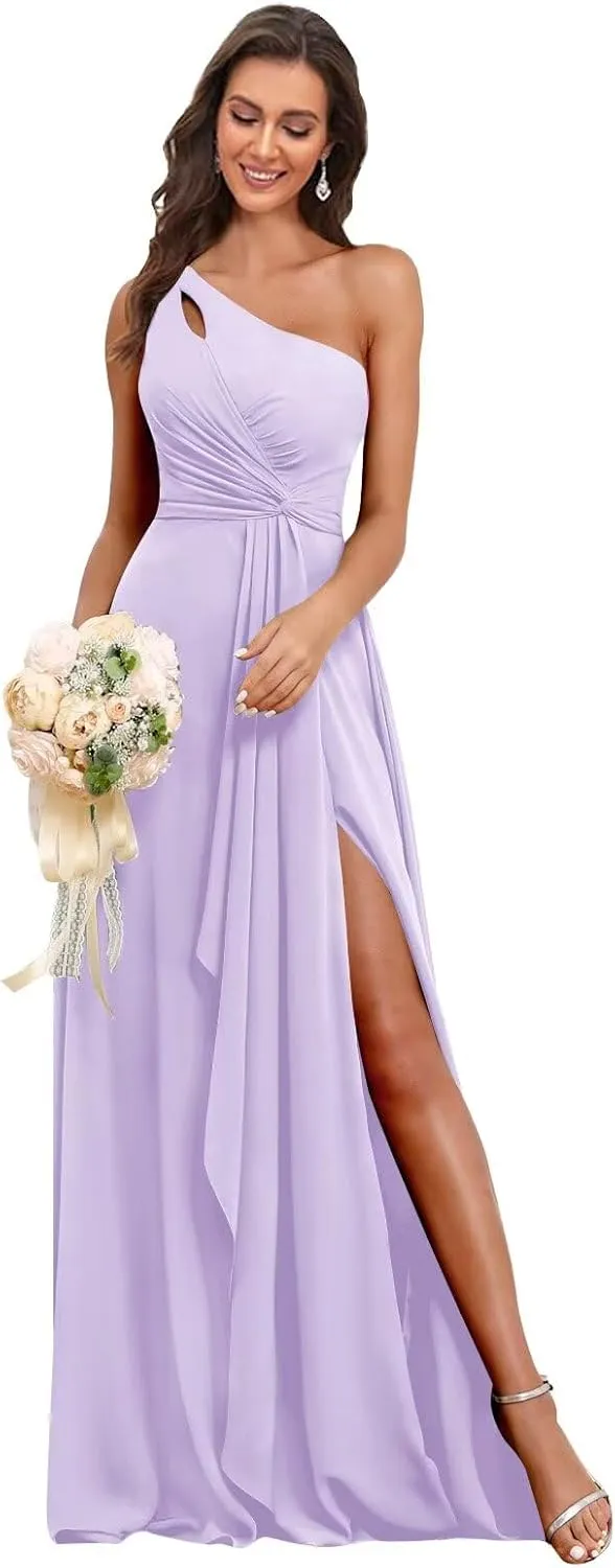 One Shoulder Chiffon Bridesmaid Dresses 2025 A-Line Ruffle Pleated Sleeveless Formal Prom Evening Gown with Slit